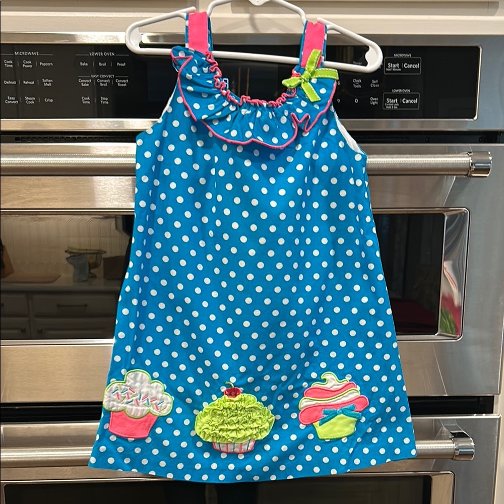 Blue Polka Dot Dress with Cupcake Appliqués